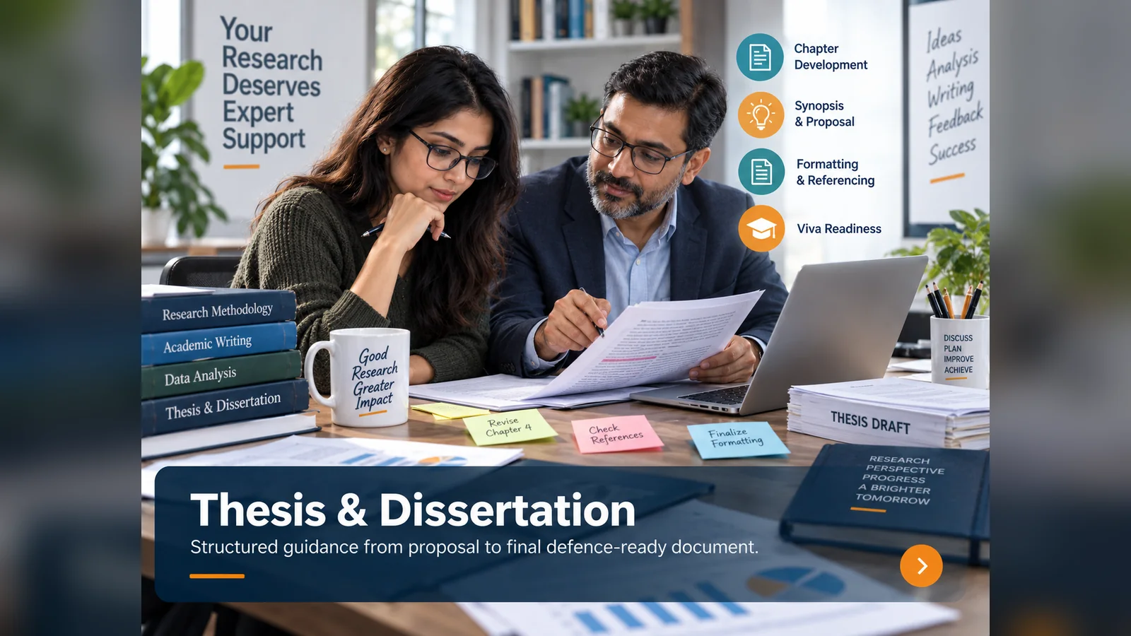 Thesis mentoring and dissertation support session with a student and mentor reviewing research pages