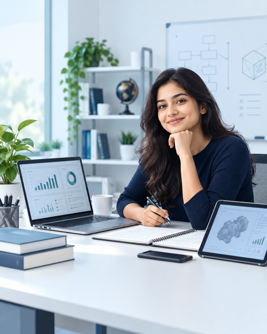Researcher working at a modern analytics and engineering workspace